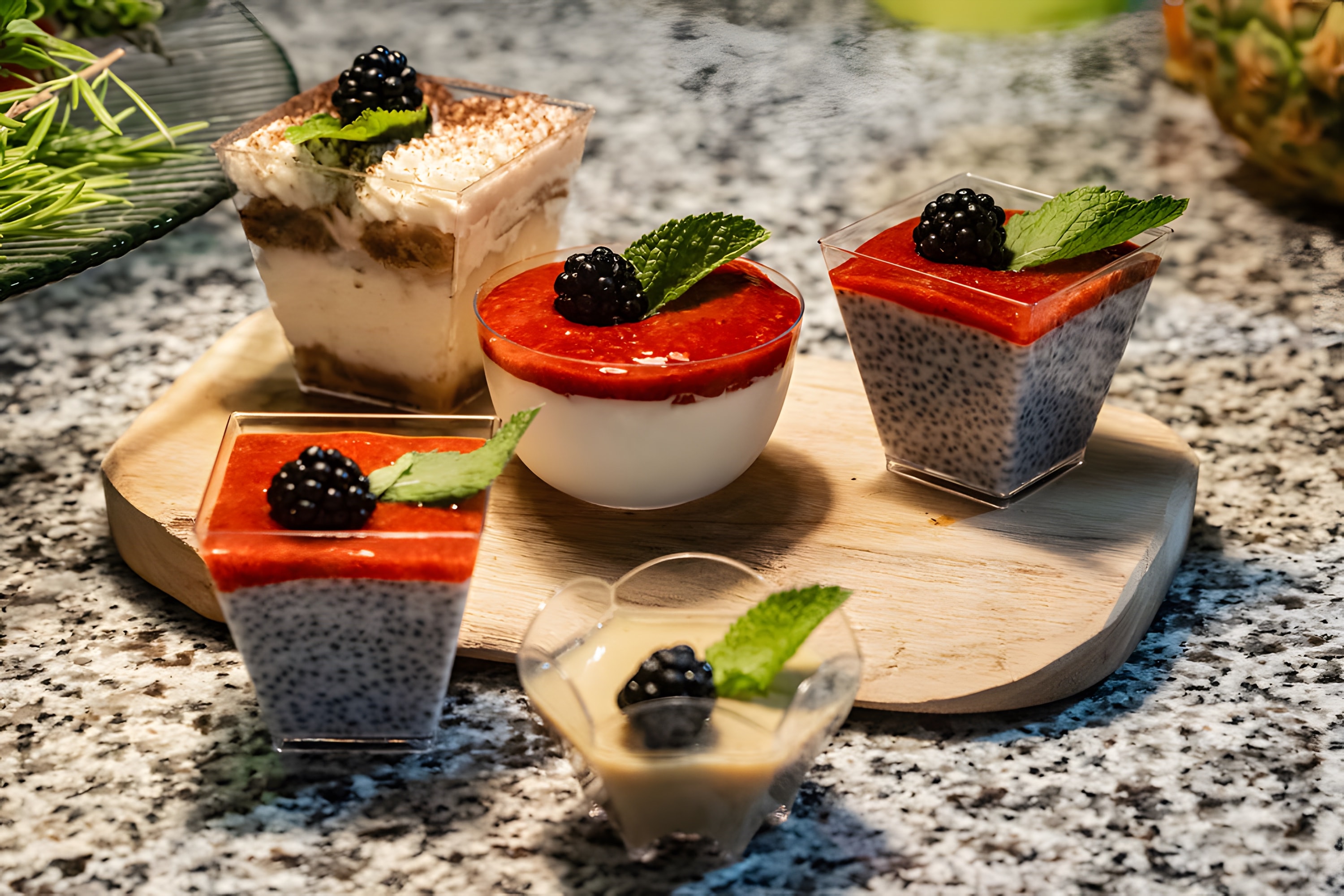Plated desserts with blackberries on a stone countertop