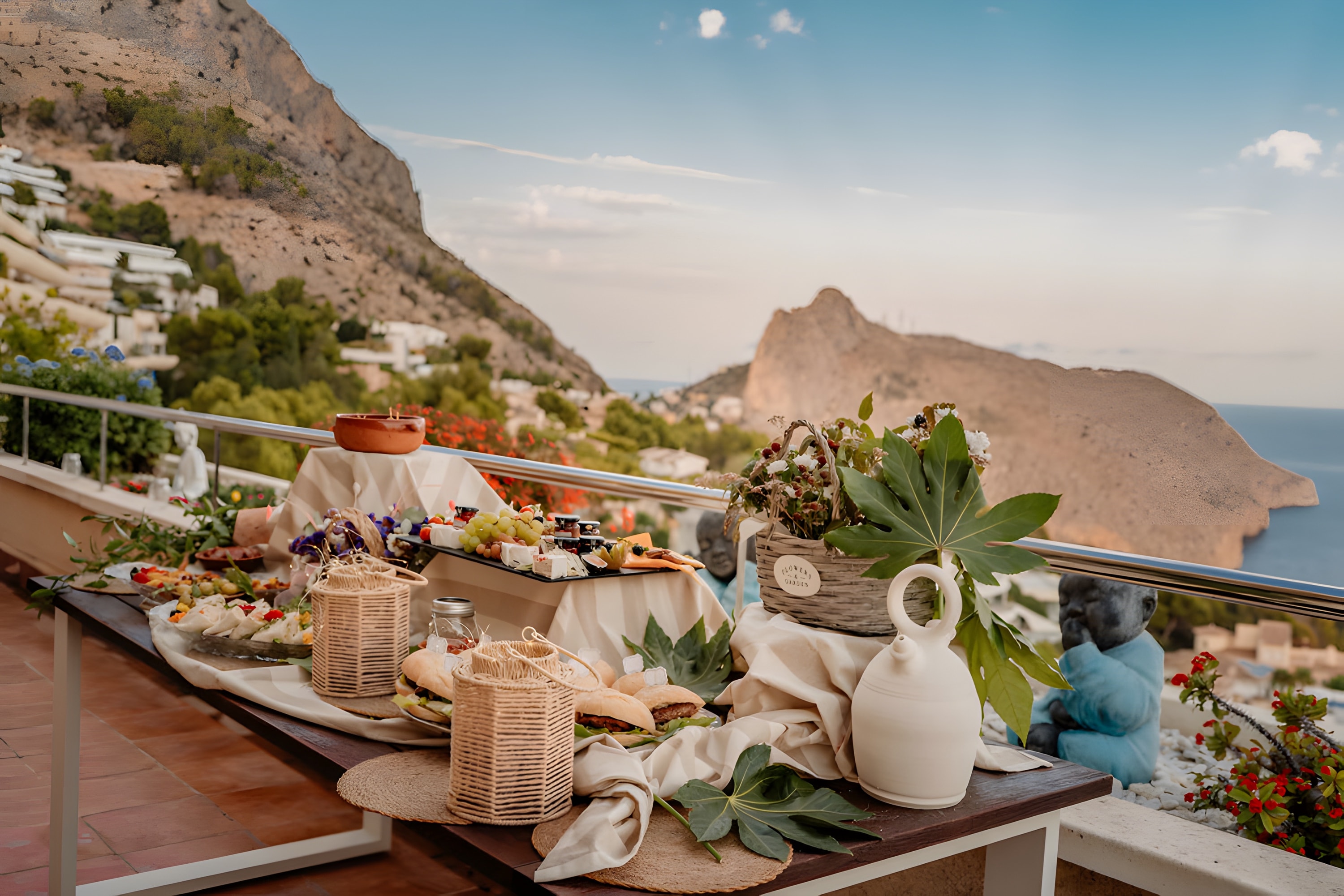 Wide view of a terrace celebration table with the coastline and the Peñón de Ifach